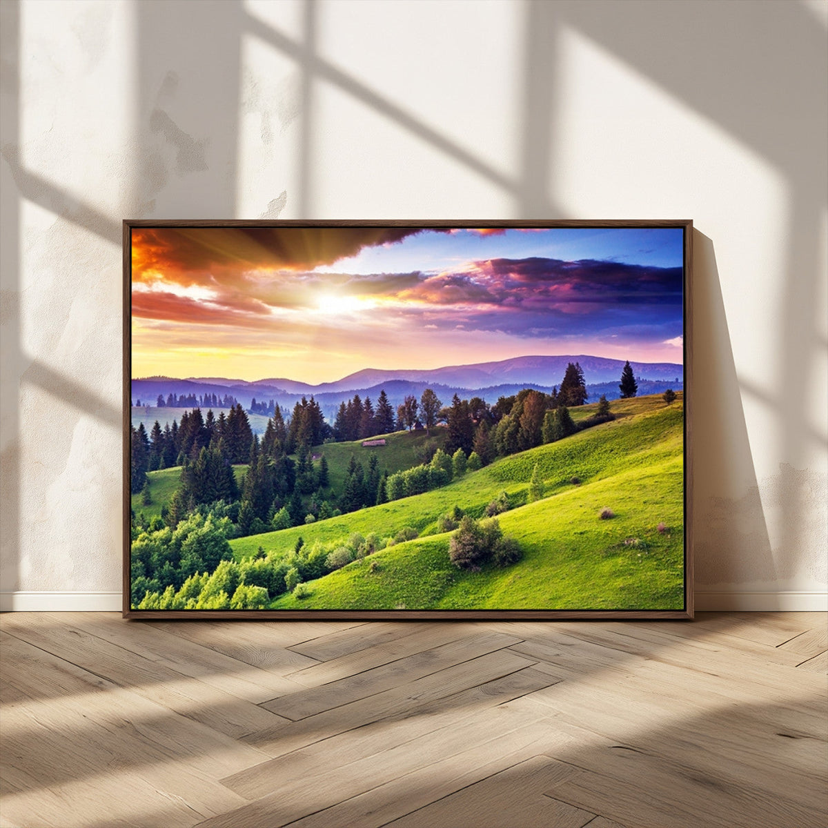Green Hills and Sunset Wall Art Print - Scenic Landscape