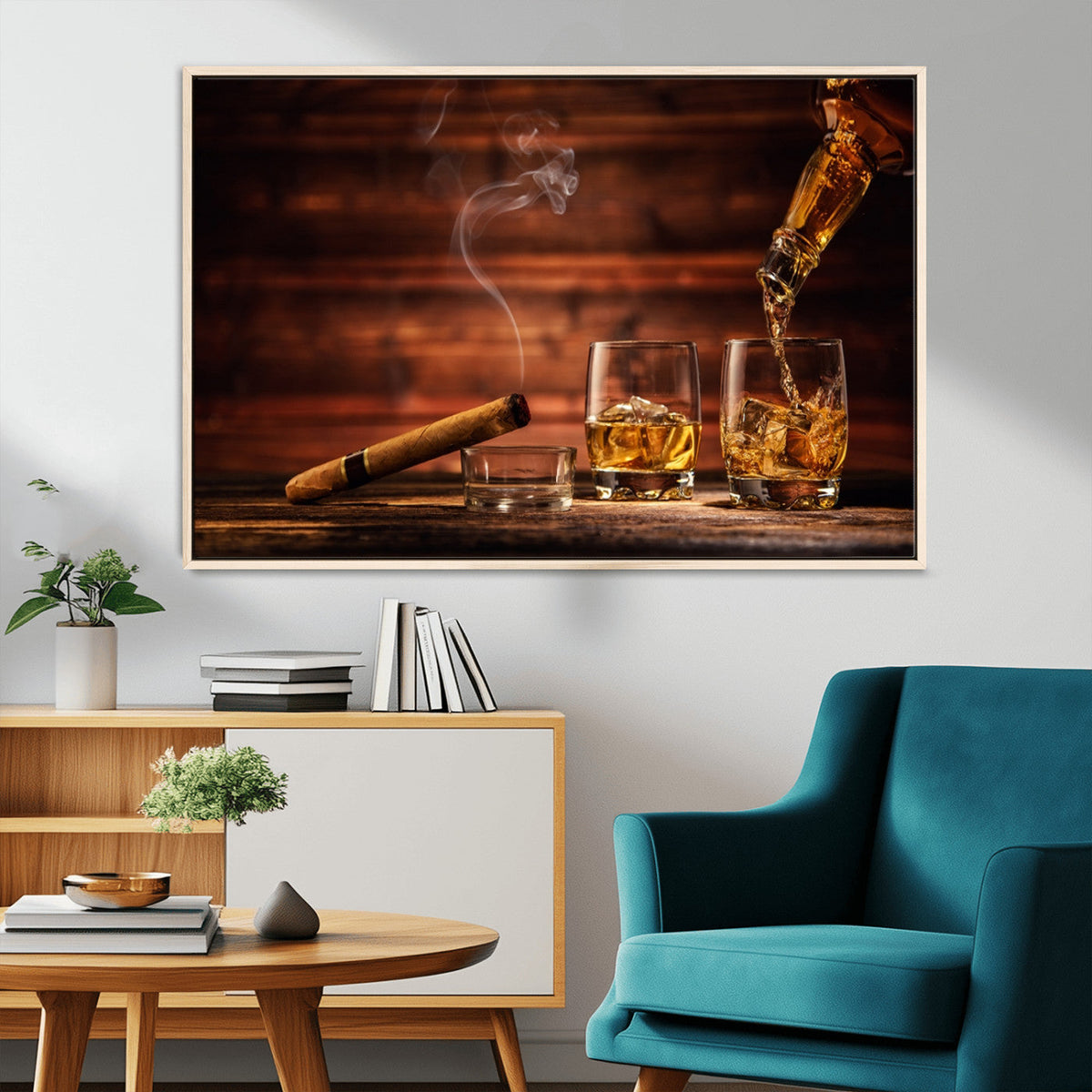 Whiskey and Cigar Wall Art Canvas | 3 Panel Bar Room Decor