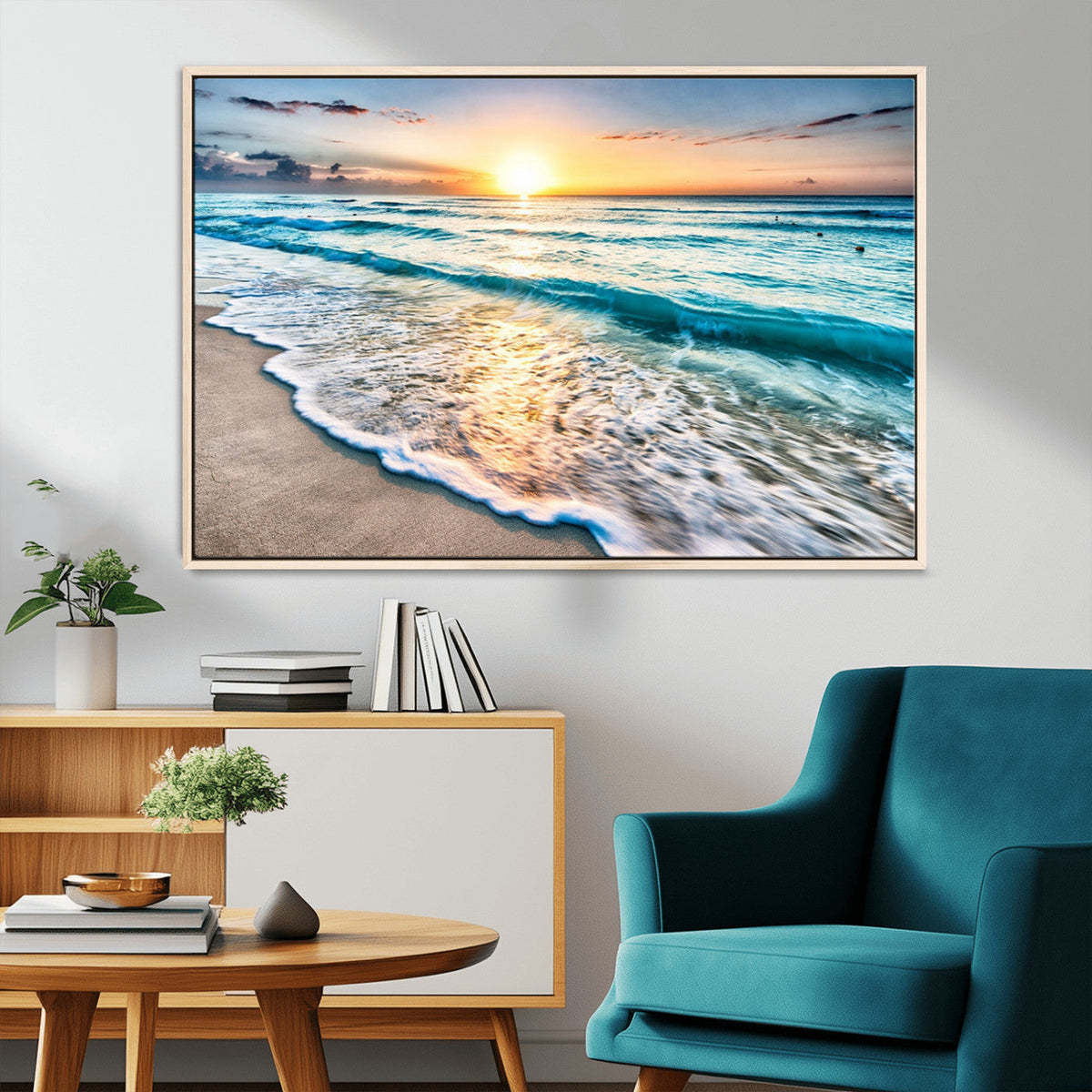 Sunset Beach Waves Canvas Wall Art – 5-Panel Ocean Sunset