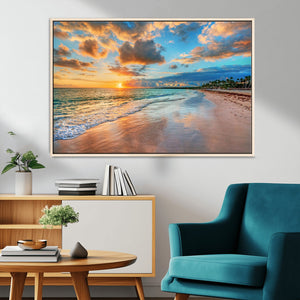 Sunset Ocean Waves on Tropical Beach, 3-Panel Giclee Canvas