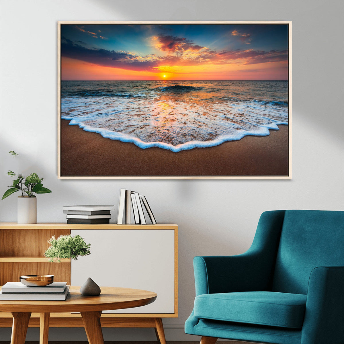Sunset Beach Canvas Wall Art – Colorful Ocean Waves Triptych