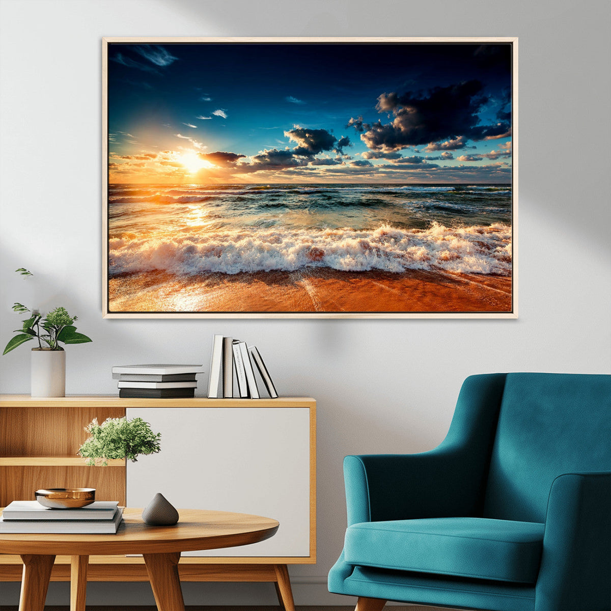 Golden Hour Sunset Over Ocean Waves Wall Art Canvas Print |