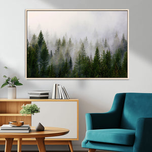 Misty Pine Forest Wall Art Canvas Print | 3 Panel Green
