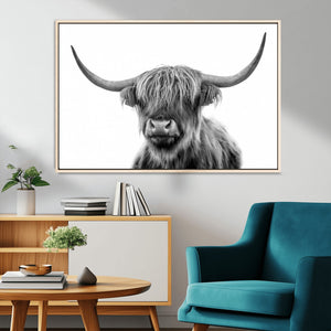 Grayscale Scottish Highland Cow Cattle Art Print Farmhouse
