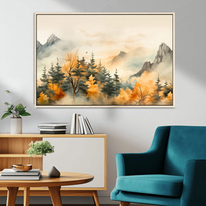 Abstract Watercolor Mountains and Trees Autumn Art,