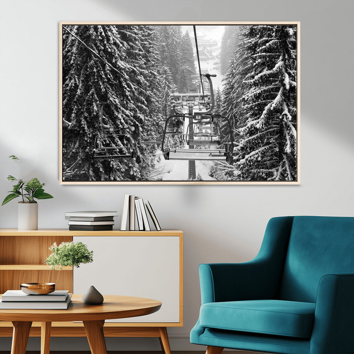 Winter Ski Lift Black and White Canvas Wall Art – Alpine