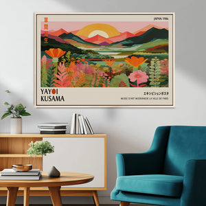 Framed Yayoi Kusama Print, Vibrant Floral Mountain Art