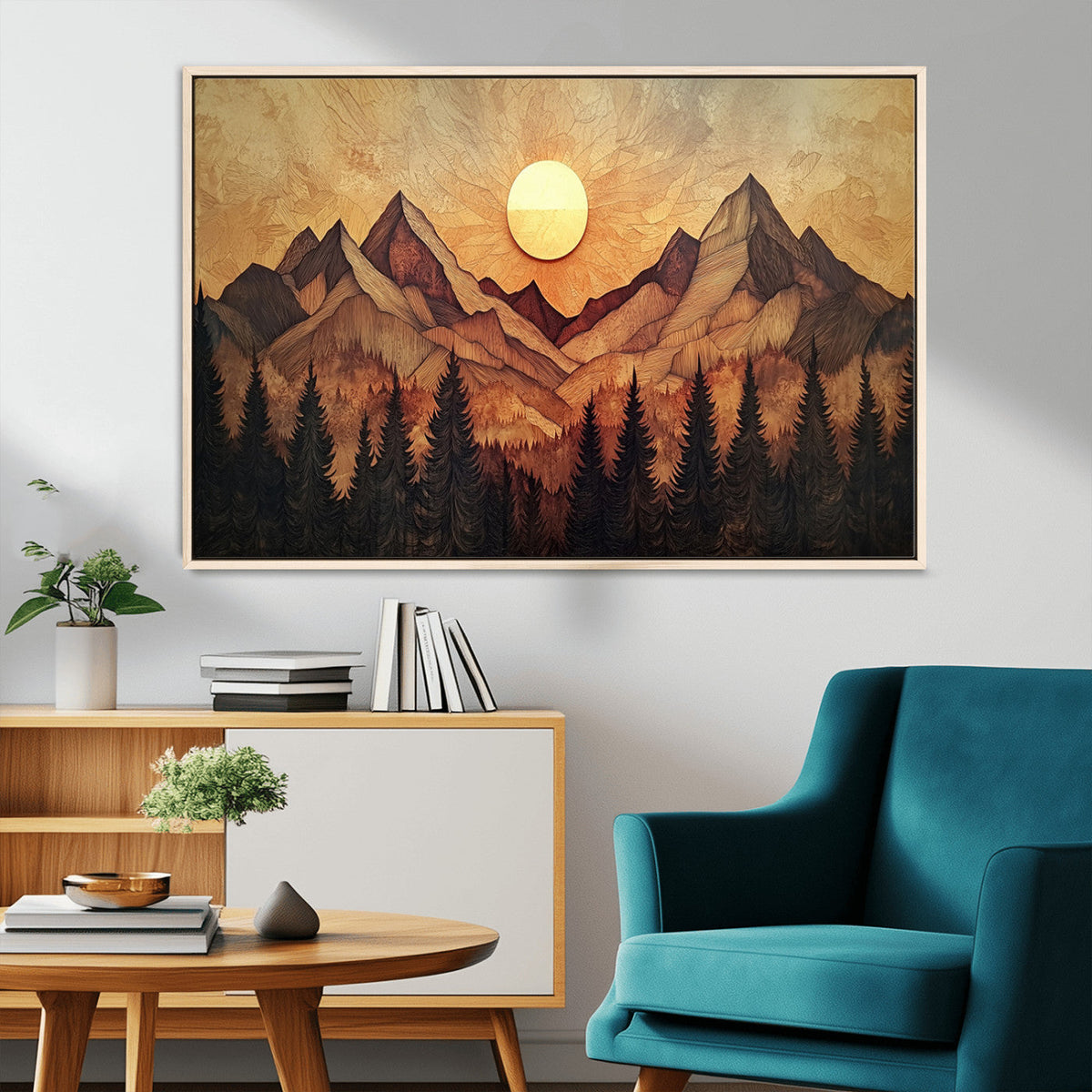 Wood Style Abstract Mountain Sunset Canvas Wall Art Print -
