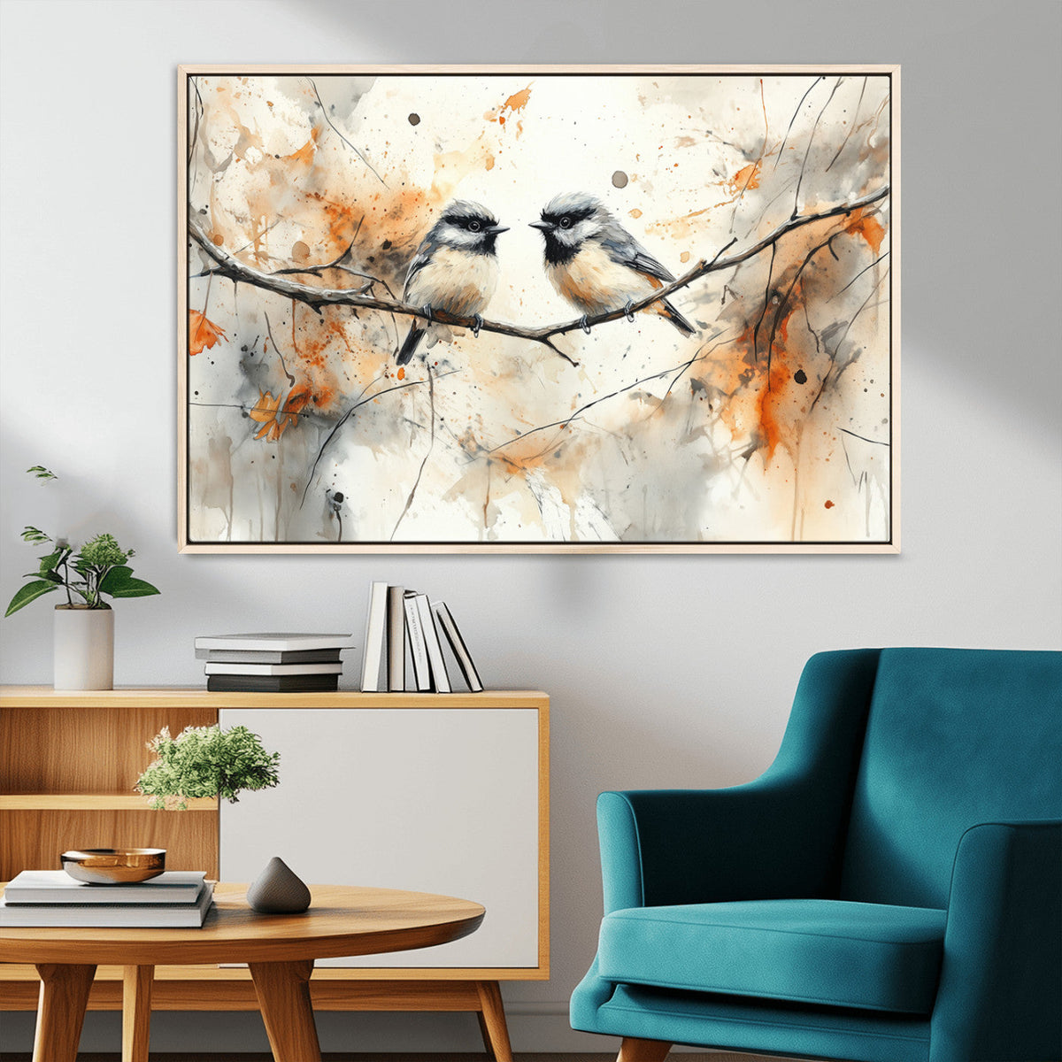 Abstract Watercolor Chickadee Bird Canvas Wall Art Print -