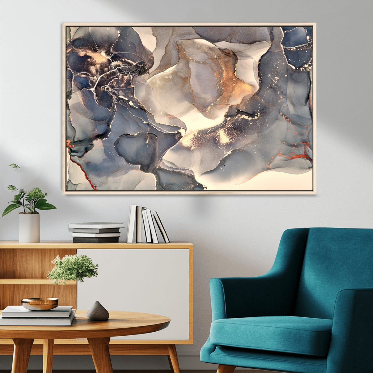 Abstract Blue and Gold Wall Art - Fluid Ink Artwork - Modern