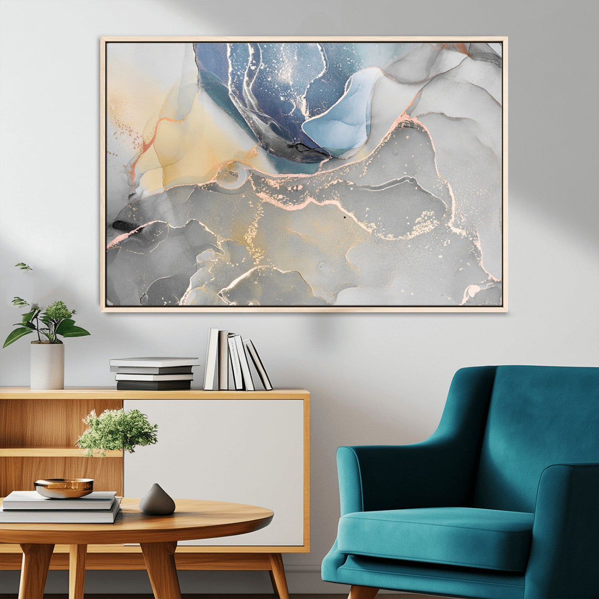 Large Abstract Blue and Gold Canvas Wall Art | Fluid Ink