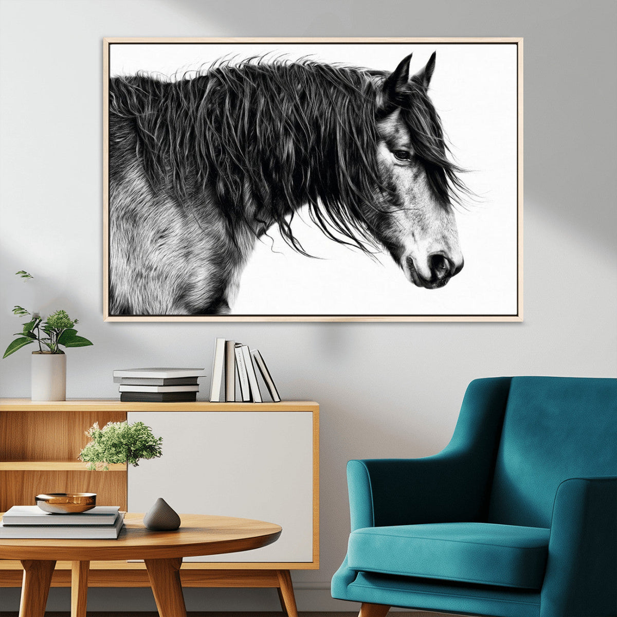 Majestic Horse Wall Art – Framed Black White Portrait Canvas