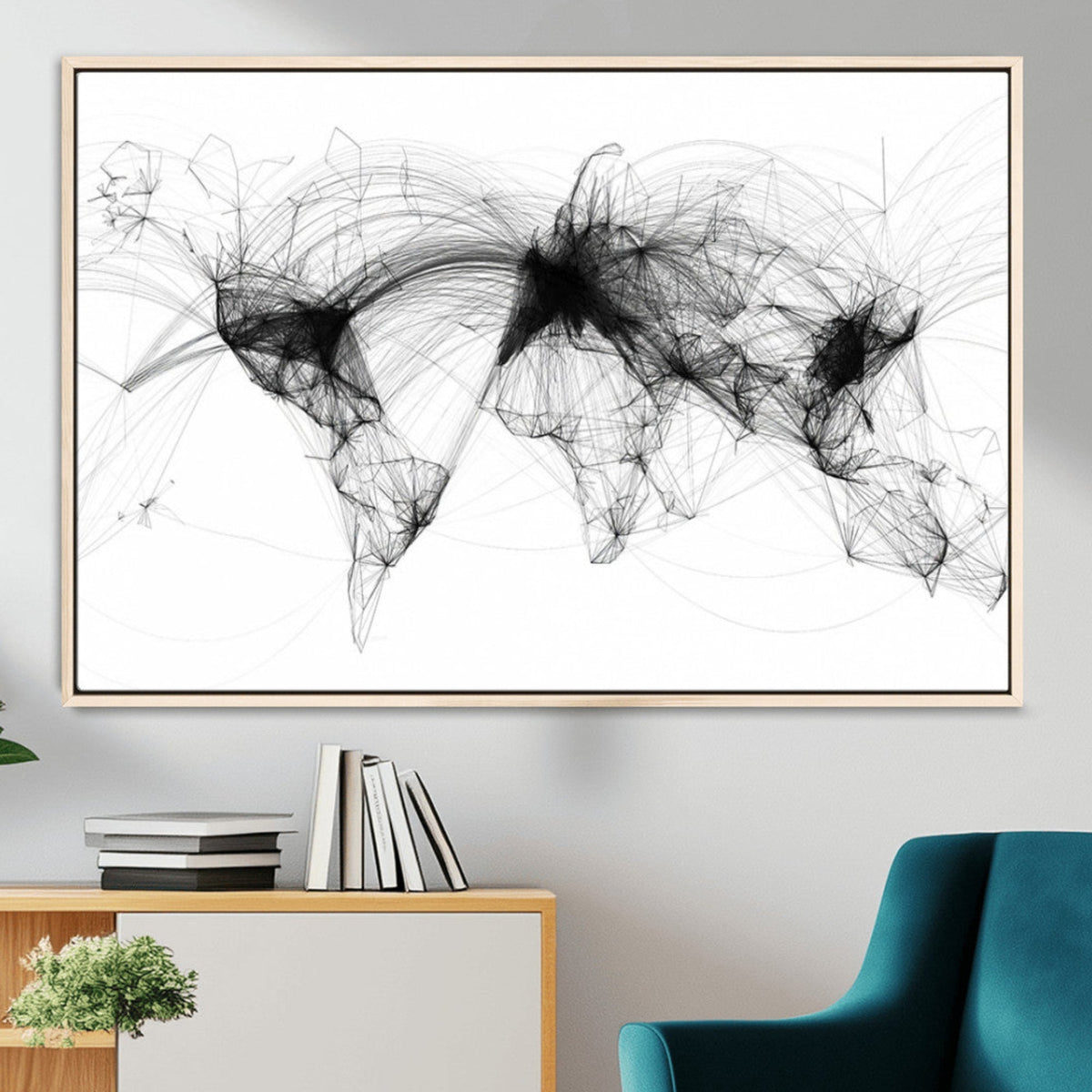 Abstract World Map Wall Art – Framed Geometric Line Canvas