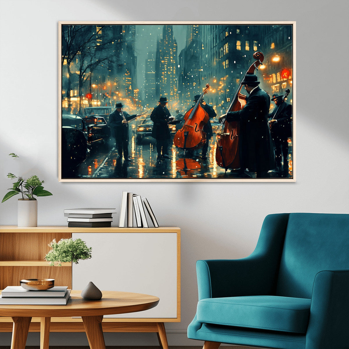 Urban Night Jazz Wall Art Canvas Print – Moody Rain-Soaked