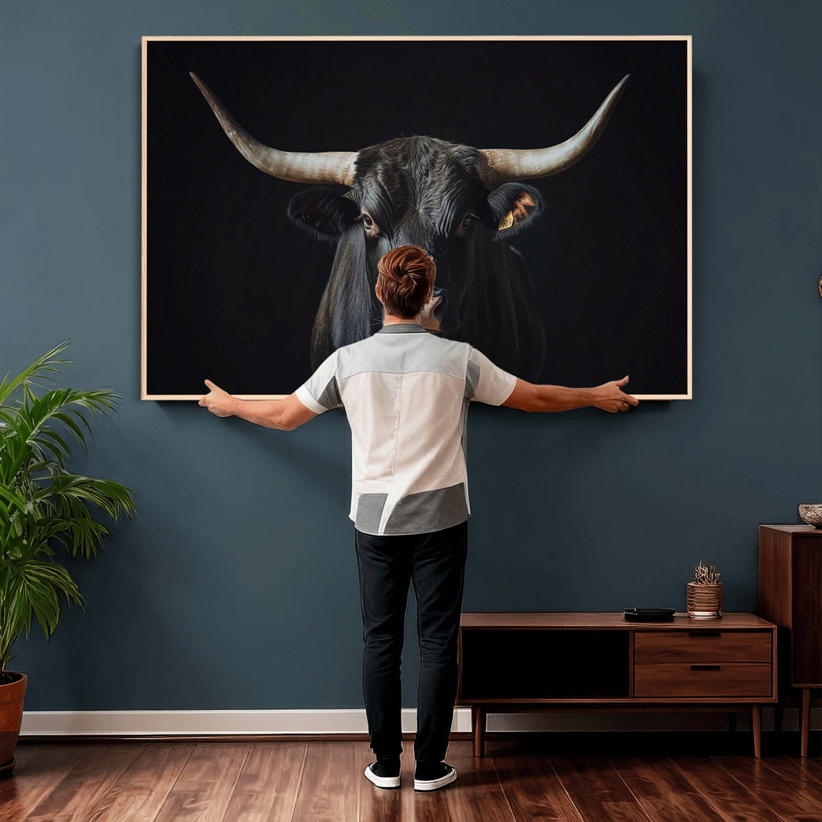 Majestic Longhorn Bull Wall Art Canvas Print – Dark