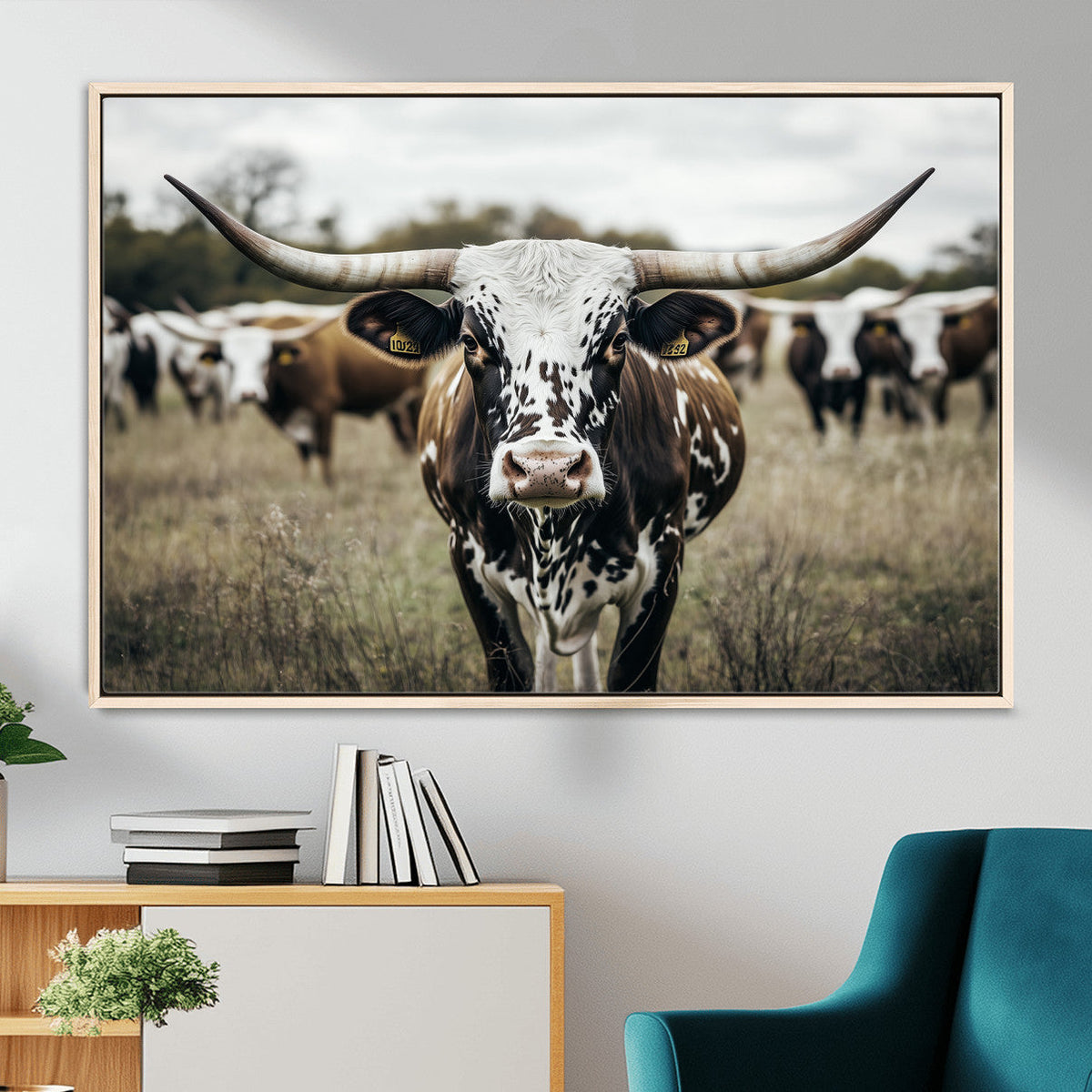 Texas Longhorn Wall Art – Framed Speckled Cow Canvas