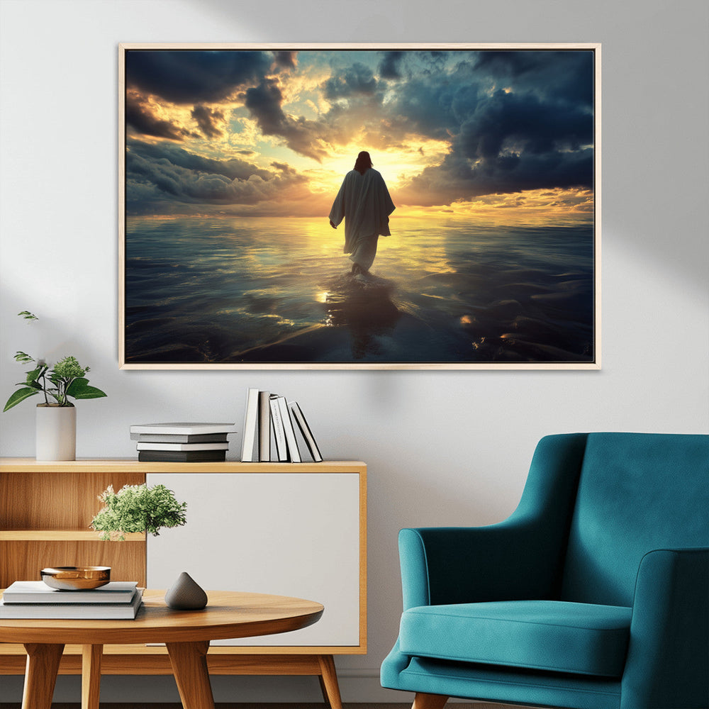 Jesus Walks Wall Art Canvas Print Framed Divine Sunset Art