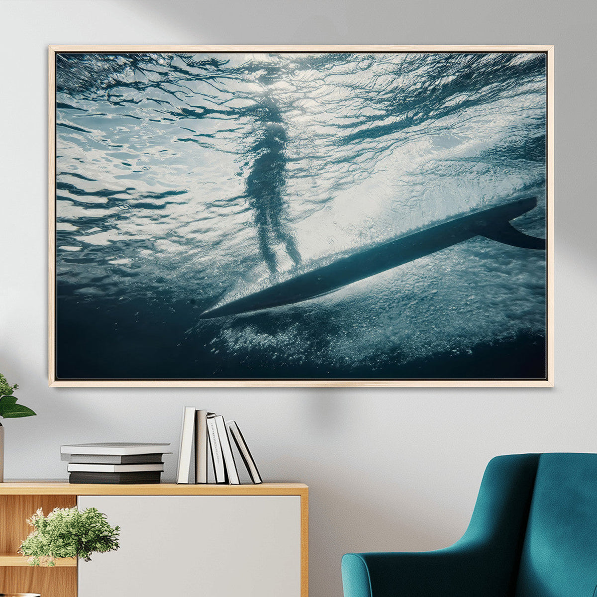Underwater Surf Wall Art – Framed Ocean Wave Canvas Artwork,