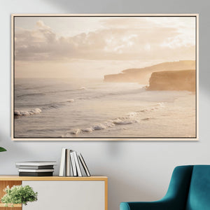 Misty Coastal Wall Art Canvas Print – Framed Golden Sunset