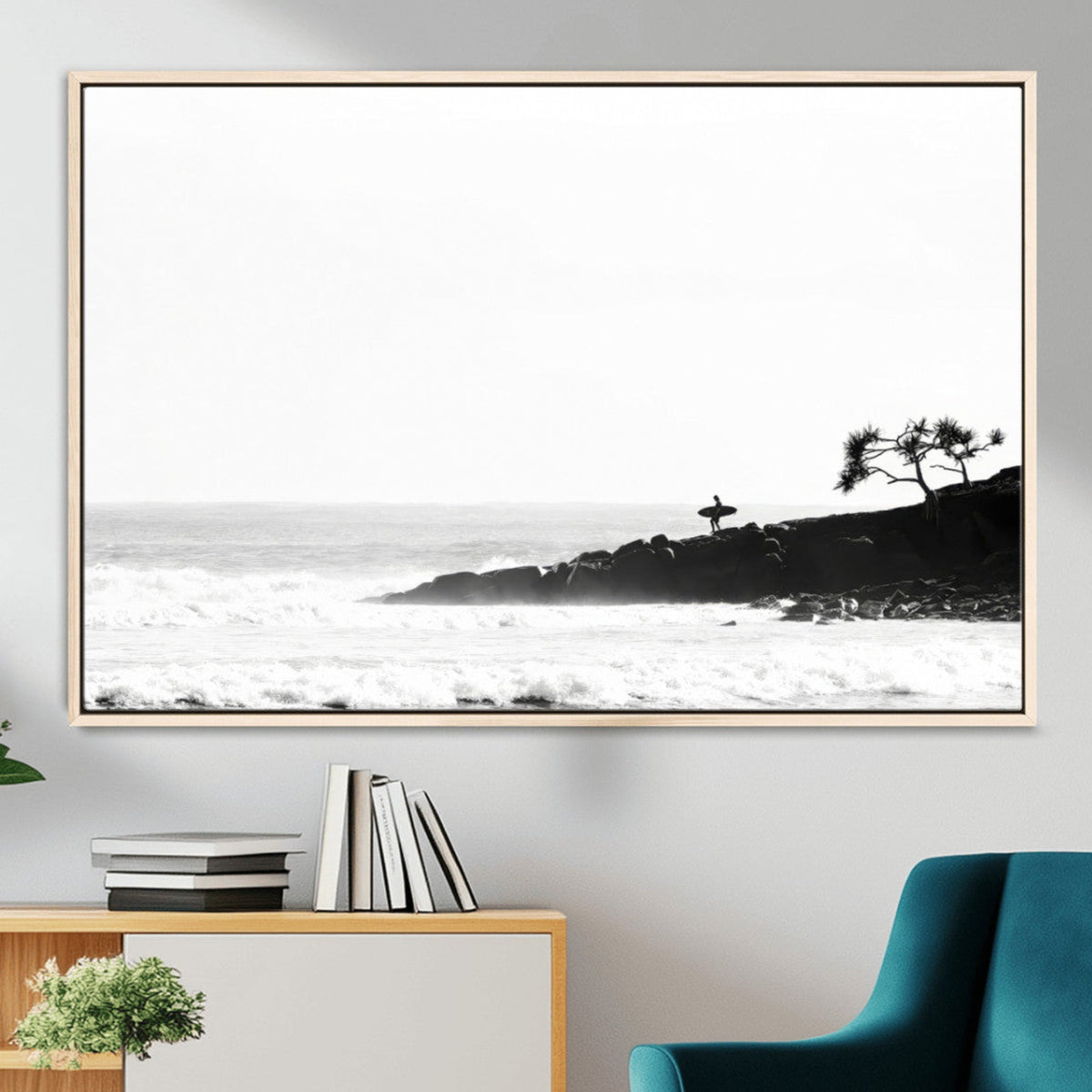 Surfer Cliffs Wall Art Canvas Print – Framed Black White
