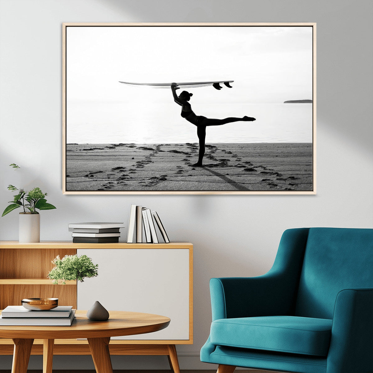 Yoga Surf Wall Art Canvas Print – Framed Black White Shore