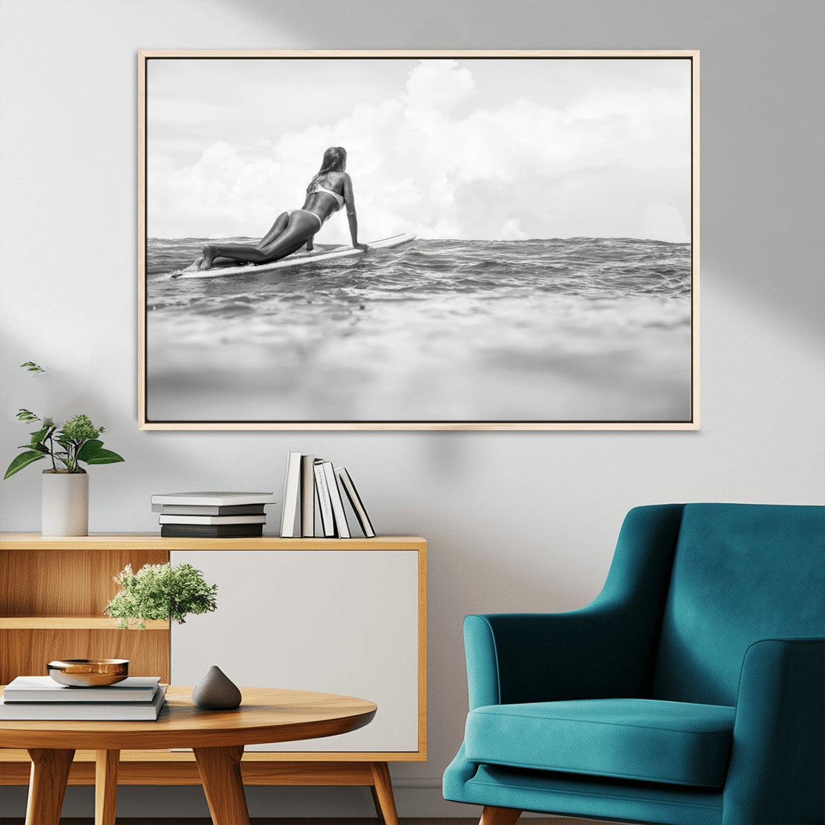 Black and White Surfing Wall Art Canvas Print – Framed Ocean