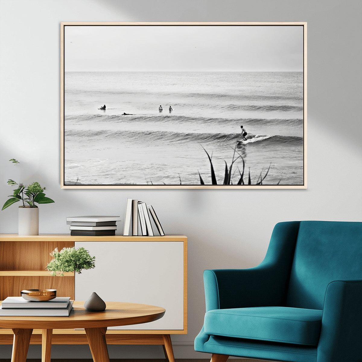 Surfer Silhouette Wall Art – Framed Calm Ocean Canvas