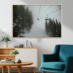 Ski Lift Wall Art Canvas Print – Snowy Pines Misty Landscape