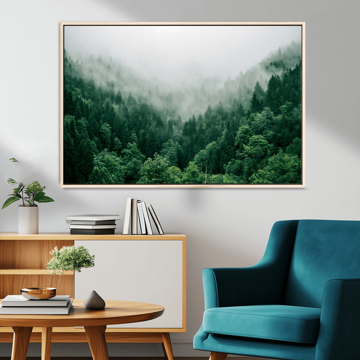 Misty Green Forest Canvas Print – Framed Serene Foggy Pine