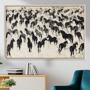 Wild Horse Stampede Wall Art Canvas Print – Monochrome