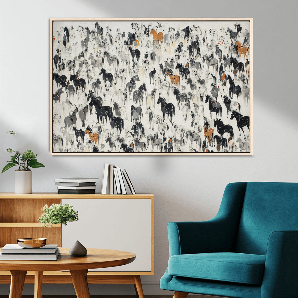Wild Horse Stampede Wall Art Canvas Print – Monochrome