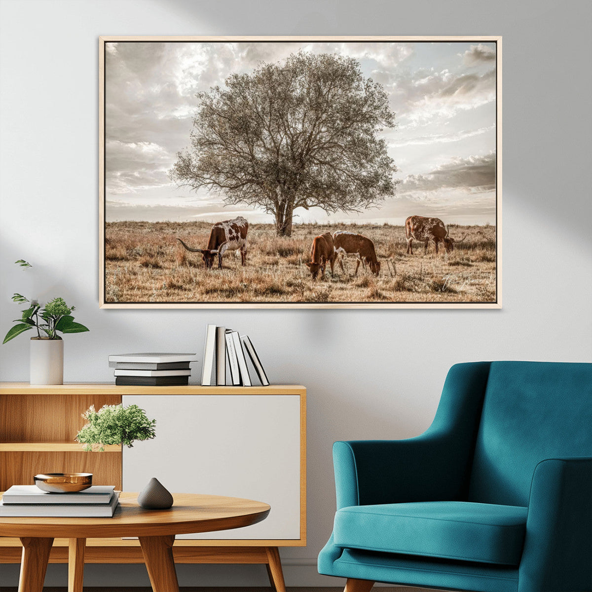 Texas Longhorn Cattle Wall Art, Rustic Western Ranch Canvas