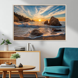 Rocky Ocean Sunset Wall Art Print – Seaside Canvas Dramatic