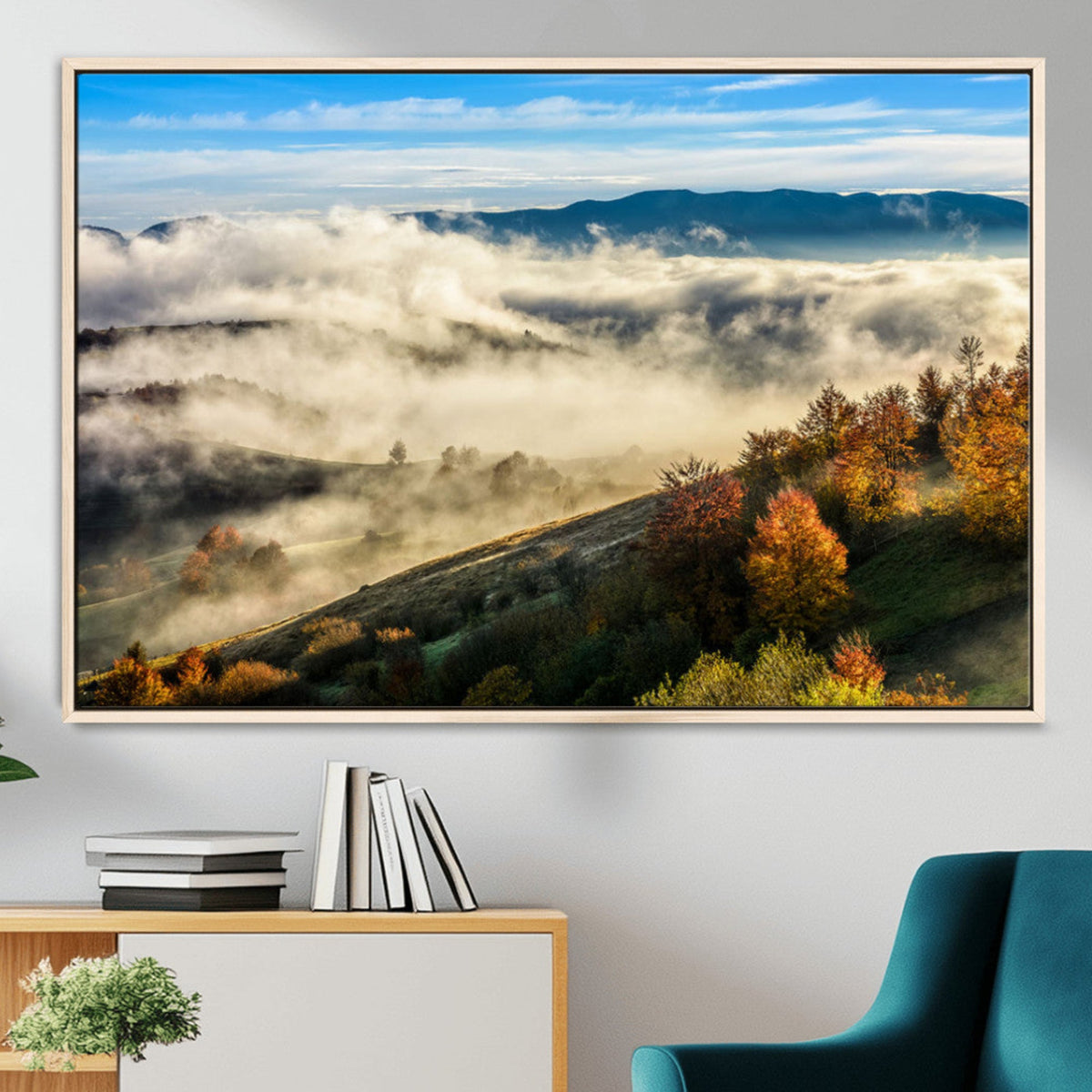 Misty Autumn Hills Wall Art Canvas Print, Foggy Forest