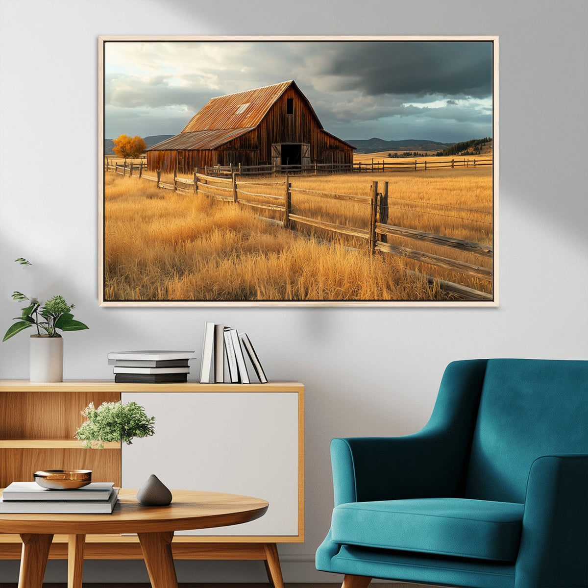 Golden Sunset Barn Wall Art Canvas Print, Rustic Autumn Farm