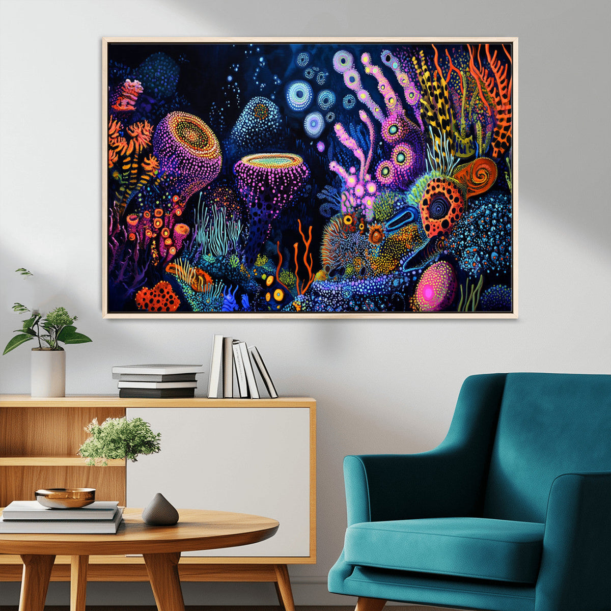 Vibrant Neon Coral Reef Wall Art Canvas Print, Colorful