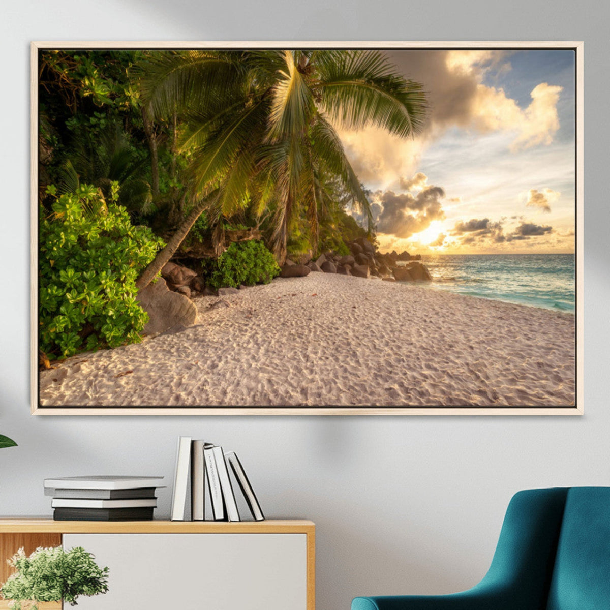 Tropical beach sunset, palm trees, white sand, ocean waves,