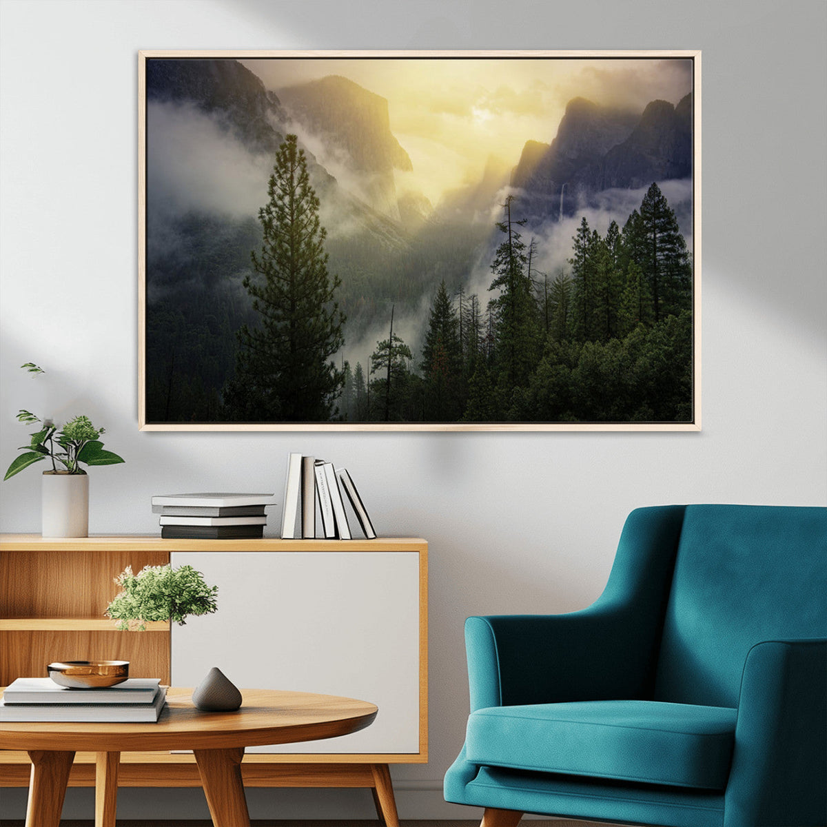 Misty Mountain Valley Wall Art Canvas Print, Golden Sunrise