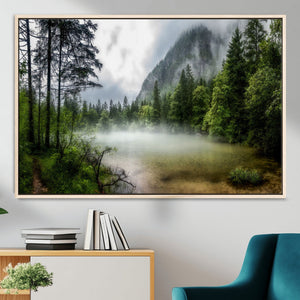 Misty Lake Forest Wall Art – Green Trees Calm Water