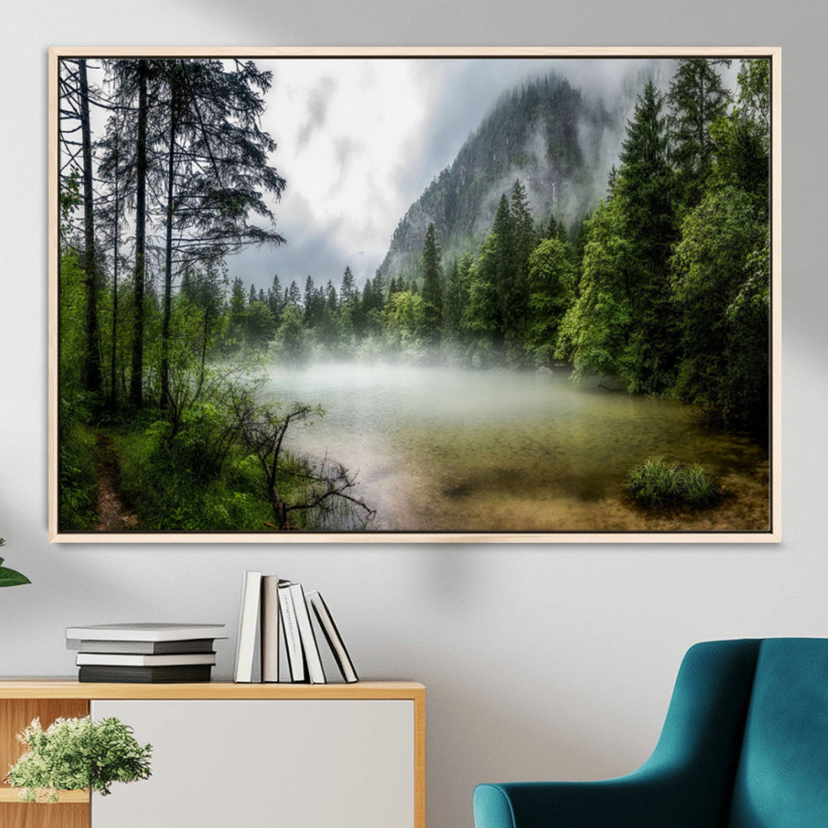 Misty Lake Forest Wall Art Canvas Print, Green Trees and