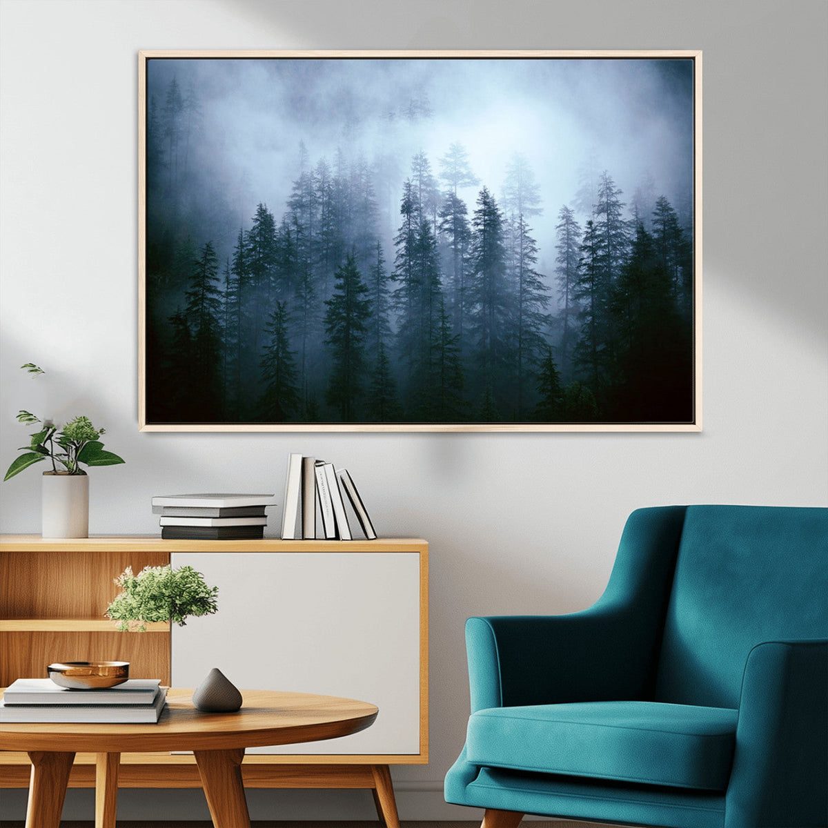 Foggy Evergreen Pines Wall Art – Mist Forest Blue Haze Moody