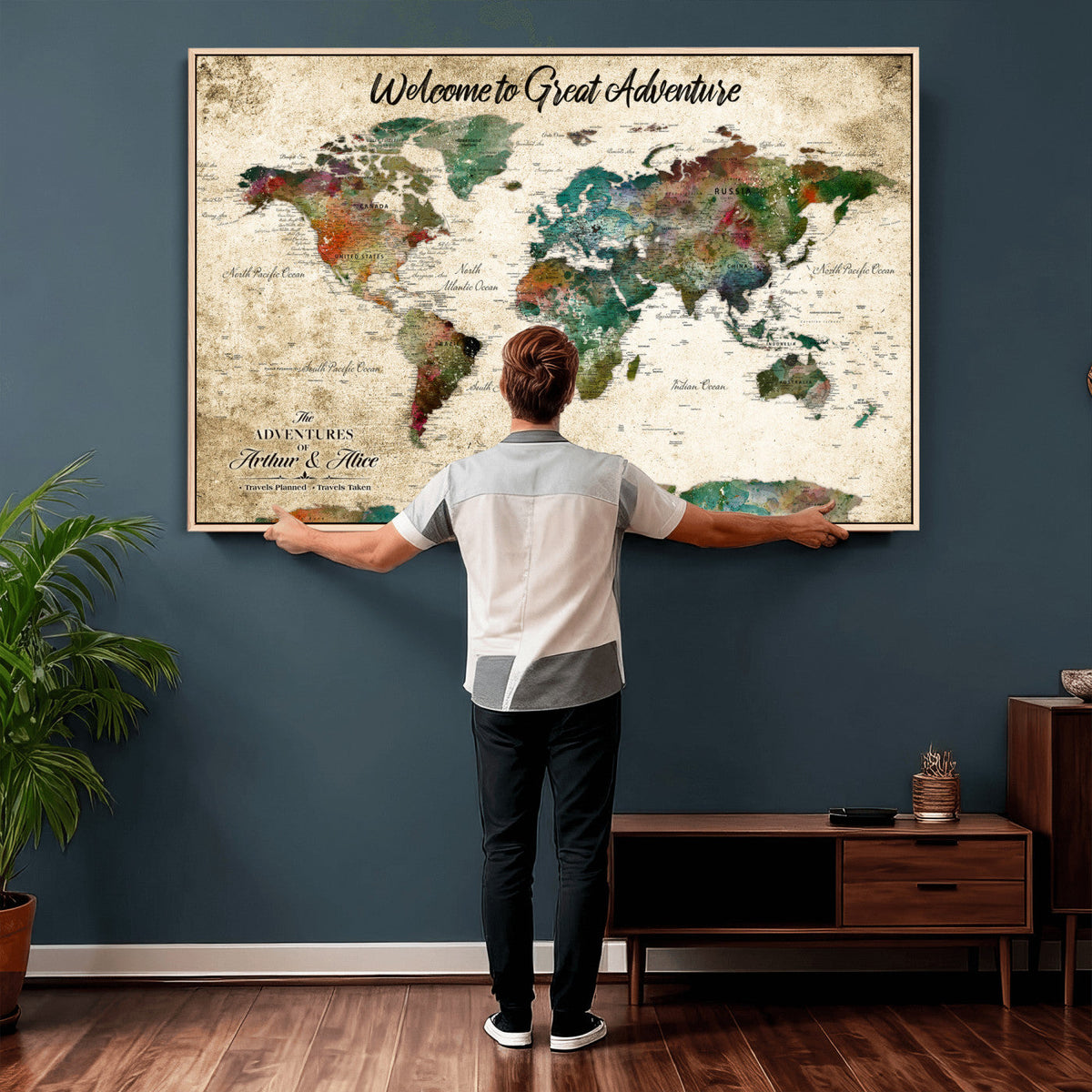 Grunge Personalized World Map Wall Art Canvas Print – Custom