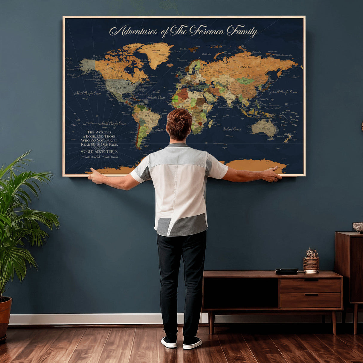 Custom Push Pin World Map Wall Art Canvas Print – Personalized Travel Tracker with Pins Framed Large for Home and Office Decor