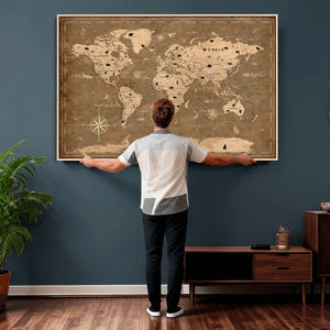 Custom Push Pin World Map Wall Art Canvas Print – Personalized Travel Tracker with Pins Framed Large for Home and Office Decor
