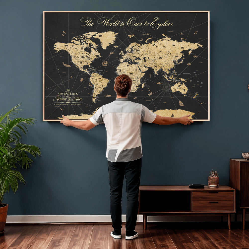 Custom Push Pin World Map Wall Art Canvas Print – Personalized Travel Tracker with Pins Framed Large for Home and Office Decor