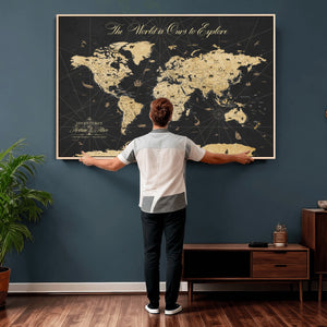 Custom Push Pin World Map Wall Art Canvas Print – Personalized Travel Tracker with Pins Framed Large for Home and Office Decor