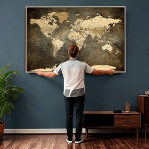 Large Framed Vintage World Map Wall Art Print for Home Wall