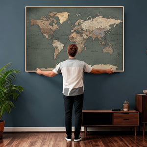 Rustic Black and Wood World Map Canvas Wall Art – Framed