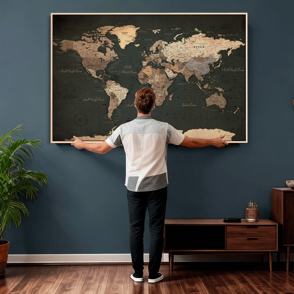 Vintage World Map Canvas Wall Art – Framed Travel Map for