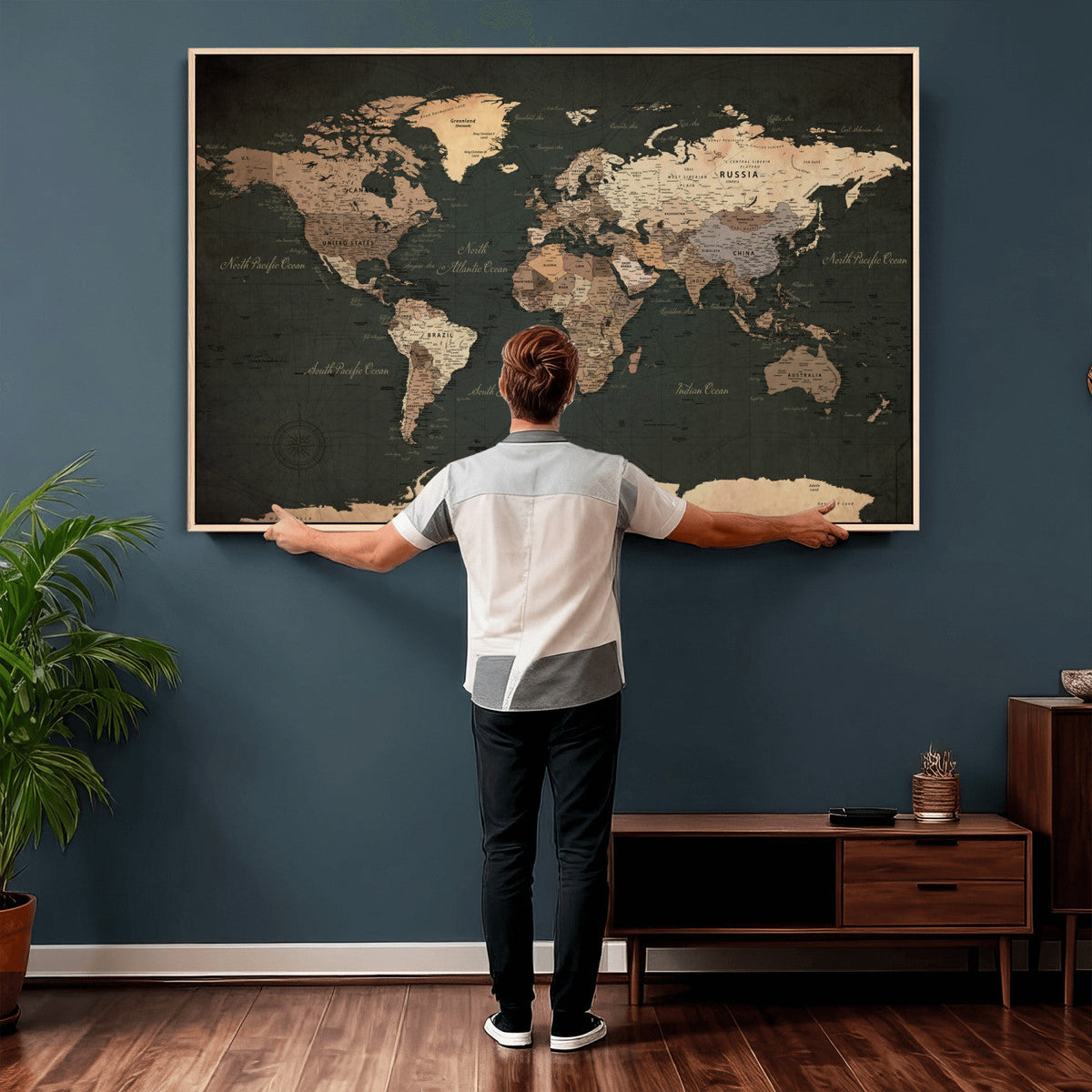 Vintage World Map Canvas Wall Art – Framed Travel Map for